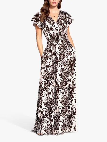 HotSquash Шифоновое платье макси с запахом и цветочным принтом, кремовый в стиле ретро/черный