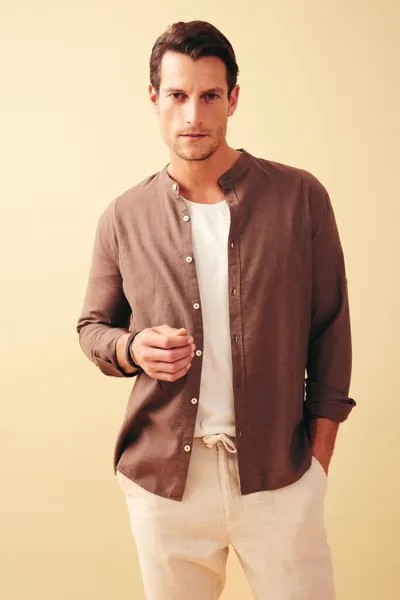 Рубашка из смесового льна с длинным рукавом и воротником Modern Fit DeFacto, коричневый