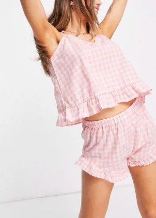 Пижамный комплект из шортов и майки с оборками в розовую клетку Loungeable-Розовый цвет