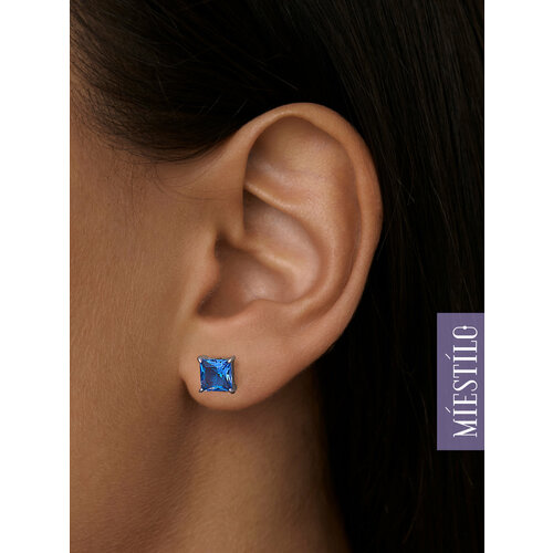 Серьги пусеты MIESTILO, серебро, 925 проба, родирование, кварц, размер 6 мм, длина 0.6 см, , серебристый/синий