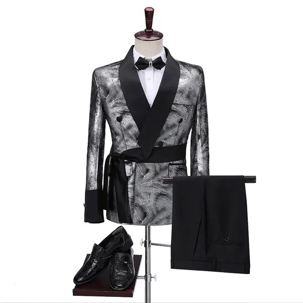 Брючный пиджак серебристого цвета, облегающий, 2020, двубортный, для жениха, мужские свадебные костюмы