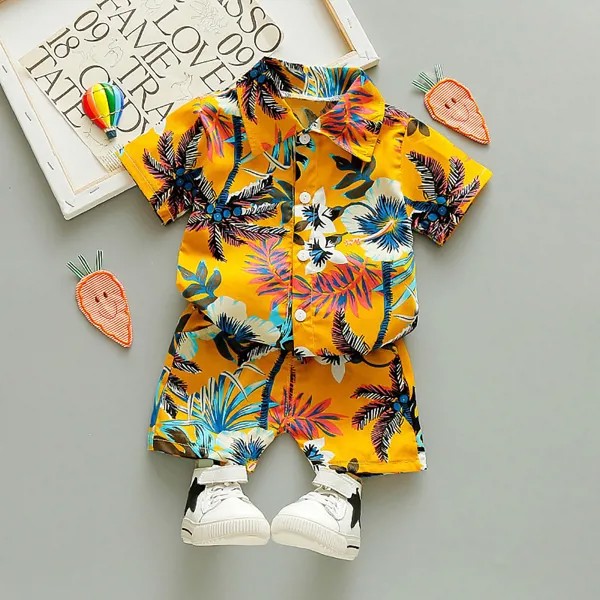 Шорты и рубашка с пуговицами, тропическим и цветочным принтом для мальчиков