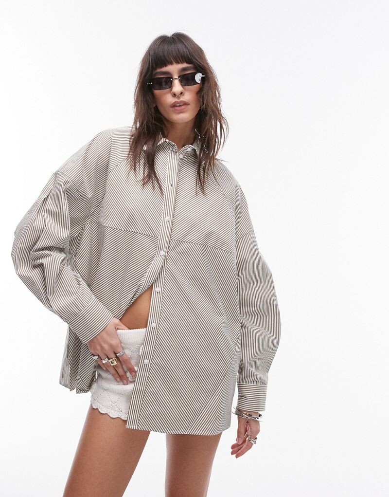 Рубашка в хлопковую полоску Topshop Extreme со вставками в оливковую полоску