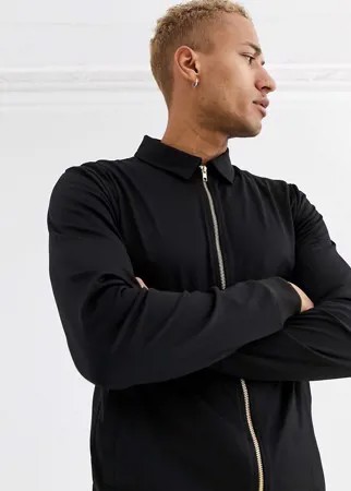 Черная куртка Харрингтон из политрикотажа с золотистыми молниями ASOS DESIGN-Черный