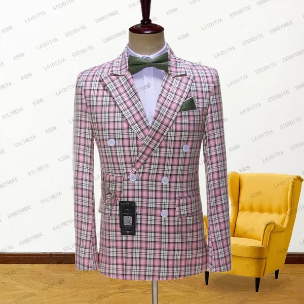 Новинка 2023, модный мужской костюм, розовый, белый, клетчатый, двубортный, приталенный, высококачественный костюм для свадебной вечеринки, жаккардовый пиджак, пальто