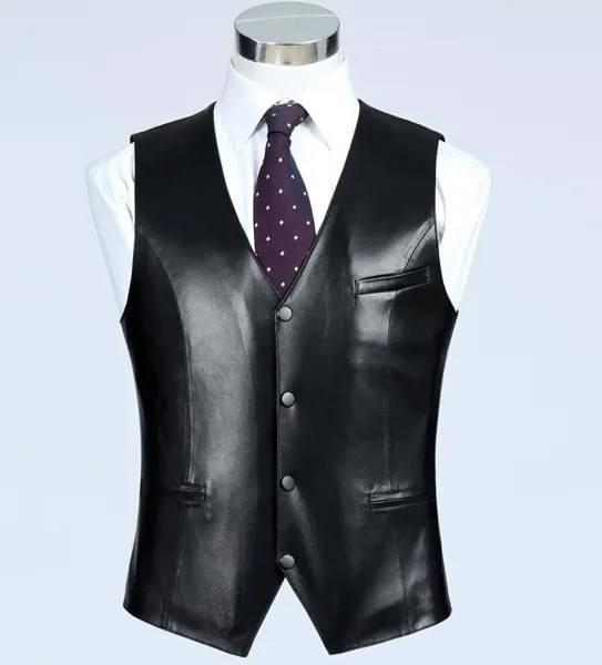 Черная мужская приталенная натуральная жилетка, повседневный деловой костюм, жилет из овечьей кожи, куртка высокого качества, осень-весна