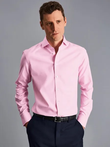 Рубашка приталенного кроя из нежелезного твила Charles Tyrwhitt с вырезом на воротнике, розовая