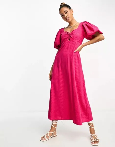 Розовое платье миди Mango с узлом спереди и пышными рукавами