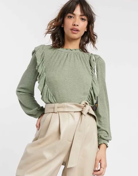 Зеленый лонгслив с оборками River Island-Черный
