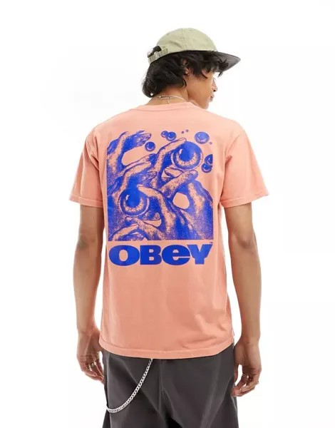 Персиковая футболка Obey с графическим принтом в виде глаз на спине