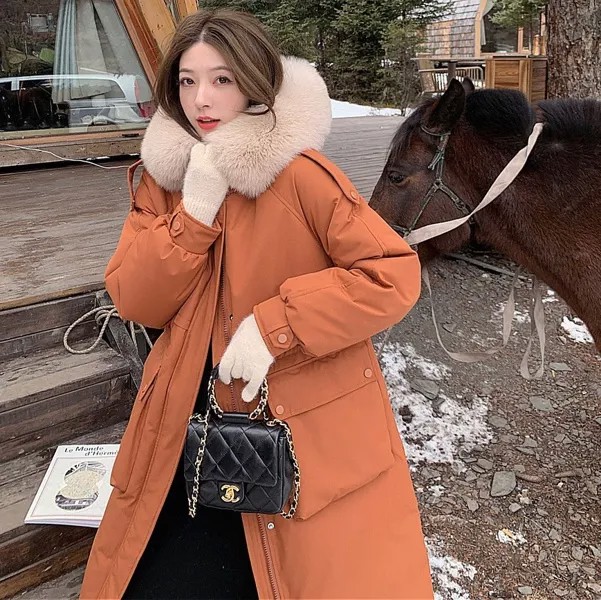 Женский пуховик на белом утином пуху Xia Shiwen, Корейская теплая пуховая куртка средней и длинной длины, плотное зимнее пальто до колена с ворот...