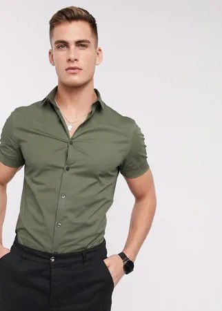 Обтягивающая рубашка из поплина цвета хаки с короткими рукавами New look-Зеленый