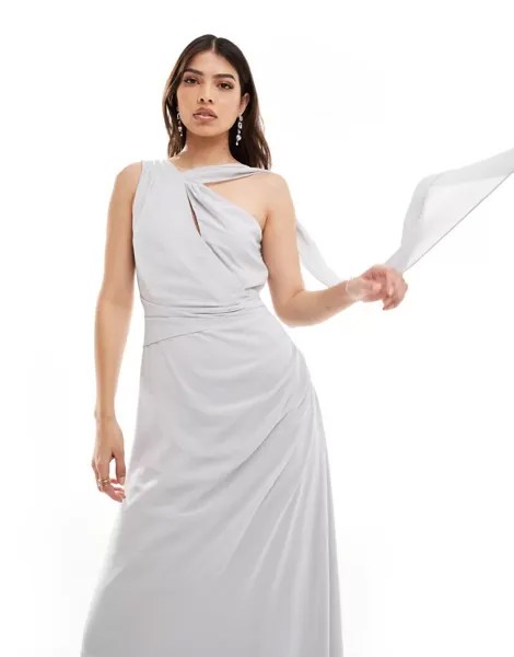 Серебристое шифоновое платье макси на одно плечо с драпировкой TFNC Bridesmaid