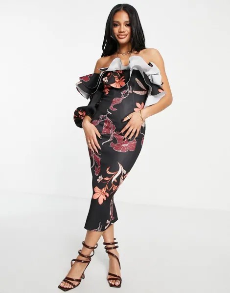 ASOS DESIGN – платье миди с объемными рукавами в темный цветочный узор