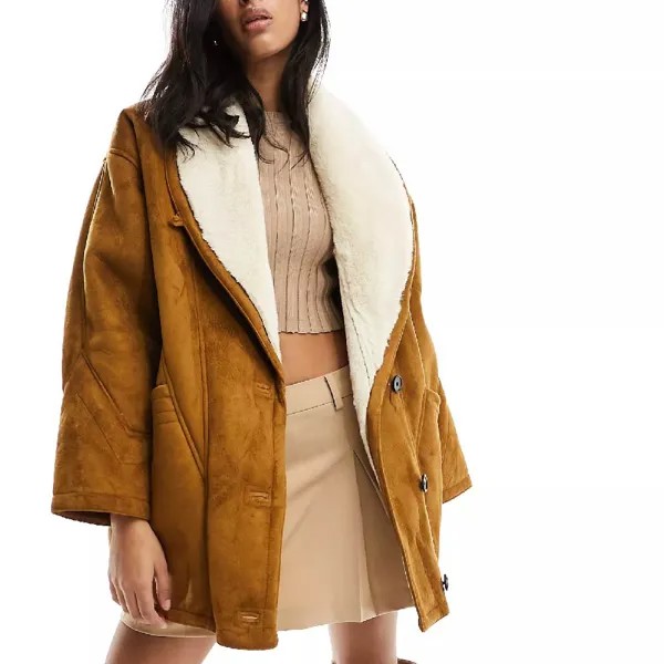 Куртка Pull&Bear Faux Suede Shearling Detail, коричневый