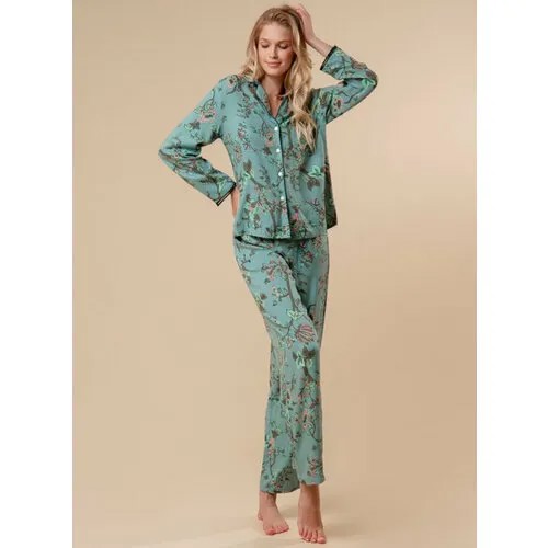 Пижама Indefini, рубашка, брюки, длинный рукав, пояс на резинке, размер S(44), зеленый