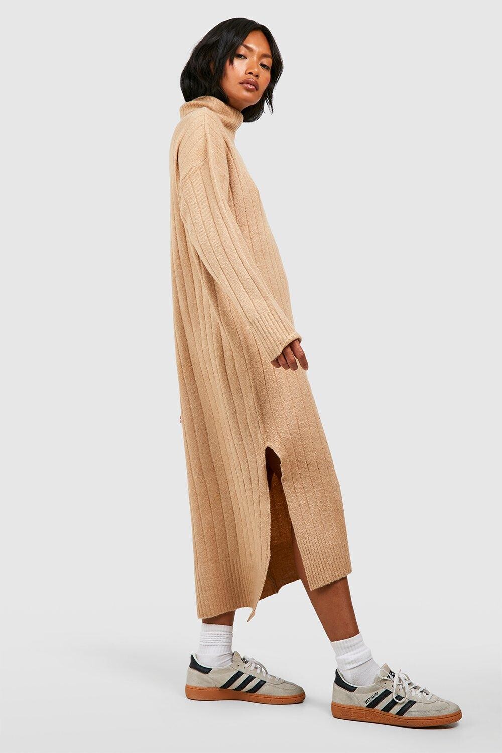 Платье-джемпер midxai из трикотажного вырезка в ребку Boohoo, кэмел