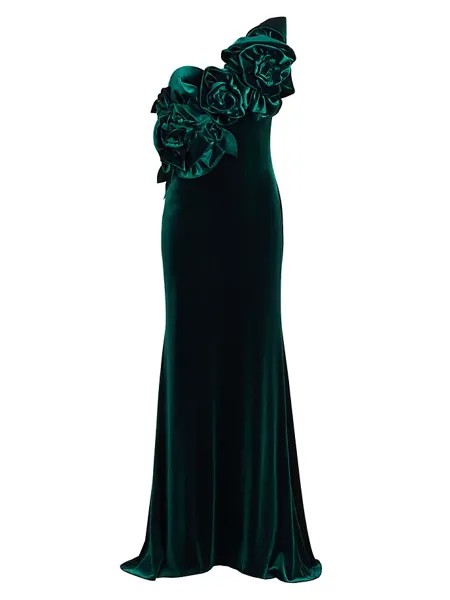 Бархатное платье на одно плечо с однотонной розеткой Badgley Mischka, цвет emerald