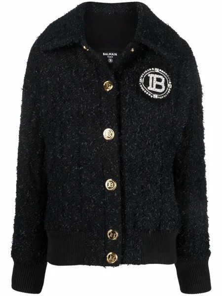 Balmain logo patch tweed jacket