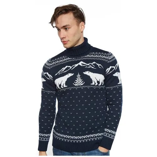 Шерстяной свитер с высоким горлом, скандинавский орнамент с Медведями, натуральная шерсть, темно-синий цвет, размер S
