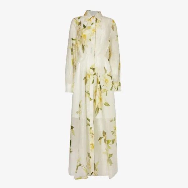 Платье миди из льна и шелка с цветочным узором Zimmermann, белый