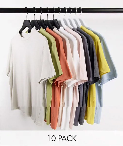 Комплект из 10 футболок из органического хлопка с круглым вырезом ASOS DESIGN-Multi