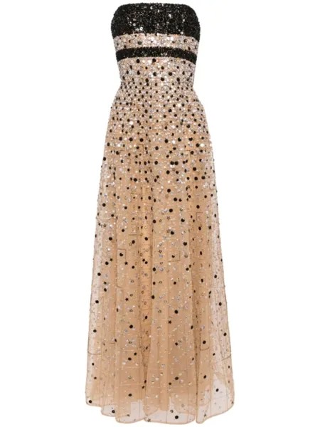 Elie Saab длинное шелковое платье с вышивкой бисером, коричневый