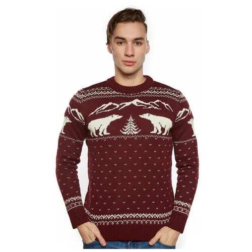 Шерстяной свитер, классический скандинавский орнамент Медведи, елки, горы, натуральная шерсть, бордовый цвет, размер L