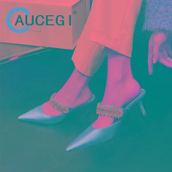 Aucegi 2023 европейские красивые новые атласные туфли без задника с острым носком привлекательные женские туфли на тонком каблуке