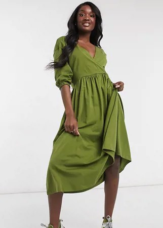 Оливковое платье миди с присборенной юбкой и запахом сверху ASOS DESIGN Tall-Зеленый цвет