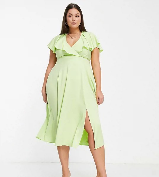 Платье миди салатового цвета с присборенной талией и расклешенными рукавами Closet London Plus-Зеленый цвет