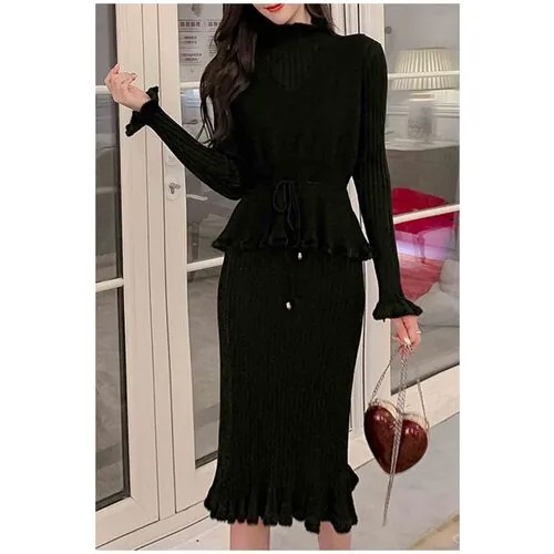 Платье-свитер хлопок, прилегающее, до колена, вязаное, утепленное, размер 44/46, черный
