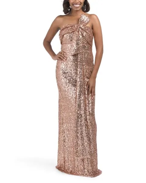 Платье без бретелек с пайетками и бантом Badgley Mischka, цвет Rose Gold