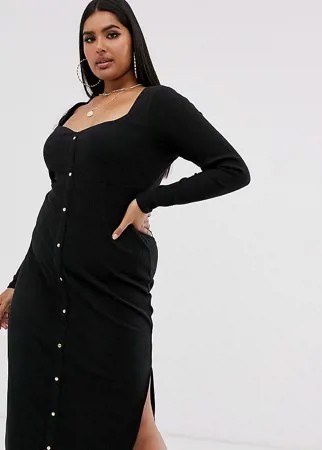 Черное платье миди на кнопках с вырезом сердечком ASOS DESIGN Curve-Черный цвет