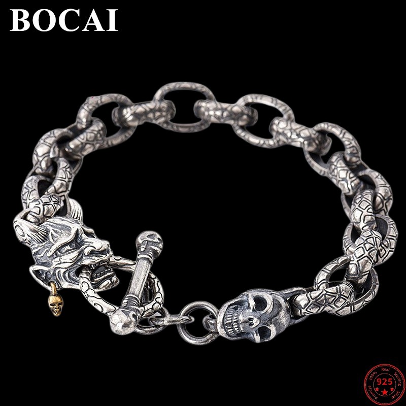 Браслеты BOCAI из стерлингового серебра 2023 пробы, новинка, модная китайская голова дракона, Череп, о-цепь, серебристая ручная работа, ювелирные изделия для мужчин и женщин