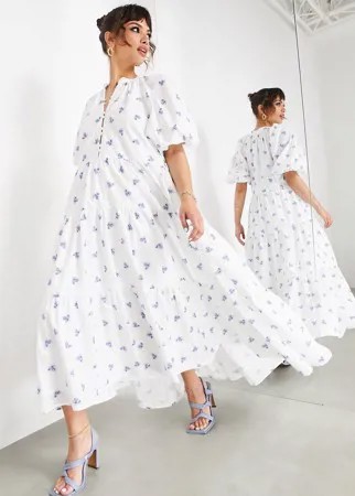 Платье миди с пышными рукавами, мелким цветочным принтом и вышивкой ASOS EDITION-Многоцветный