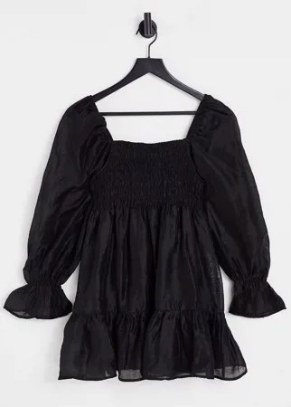 Черное платье мини с присборенной юбкой и пышными рукавами Ghospell-Черный цвет