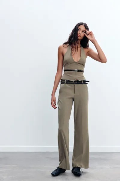 Топ в полоску с поясом ZARA, зеленый