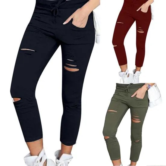 Женщины Стрейч Рваные Джинсы Slim Fit Skinny Denim Брюки Повседневная дыра Брюки Леггинсы