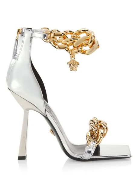 Сандалии Stiellto с квадратным носком и цепочкой Versace, серебро