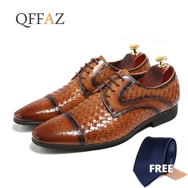 Мужские официальные туфли QFFAZ, кожаные оксфорды для мужчин, Свадебные Мужские броги, офисная обувь на шнуровке, мужские туфли