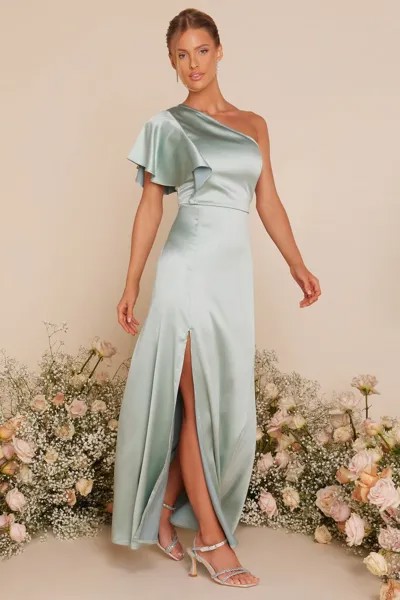 Платье макси на одно плечо из атласа цвета шалфея QUIZ Clothing