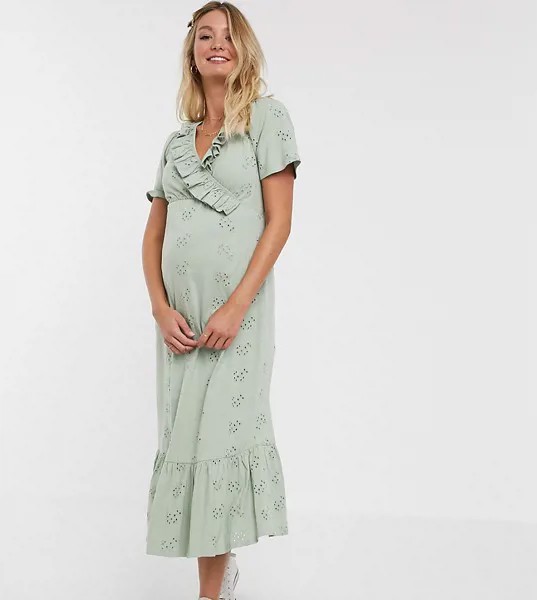 Шалфейно-зеленое платье миди с вышивкой ришелье и оборками ASOS DESIGN Maternity-Зеленый цвет