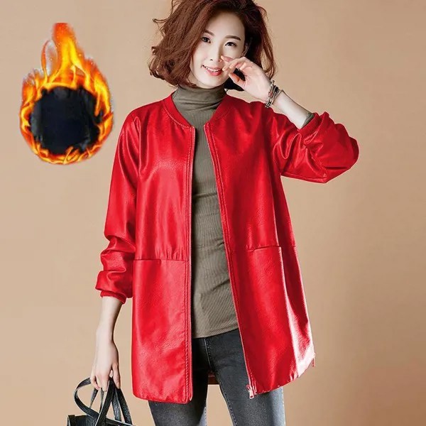 Осень и зима Мода Женщины Кожаная куртка Красный Топ с длинным рукавом Черное пальто