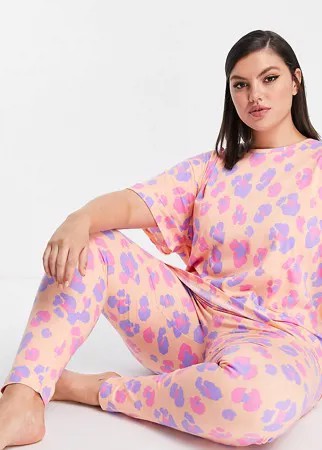 Пижамный комплект из oversized-футболки и леггинсов персикового цвета с леопардовым принтом ASOS DESIGN Curve-Многоцветный
