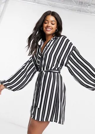 Платье-рубашка мини в тонкую полоску с поясом ASOS DESIGN-Мульти