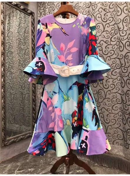 Женское вечернее платье-туника с поясом, фиолетовое платье-трапеция с изысканным принтом и расширяющимся книзу рукавом, лето 2022