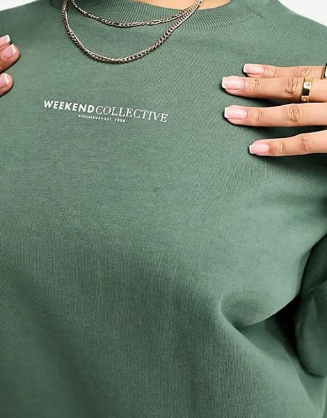 Объемный свитшот цвета хаки с большим логотипом на спине ASOS Weekend Collective