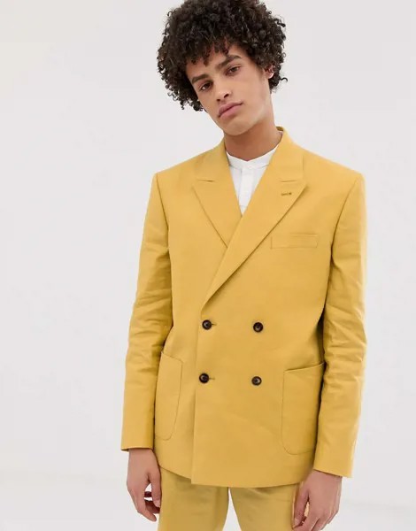 Свободный двубортный пиджак горчичного цвета с добавлением льна ASOS DESIGN-Желтый