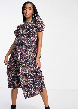 Платье миди с оборками и темным цветочным принтом Influence Maternity-Разноцветный